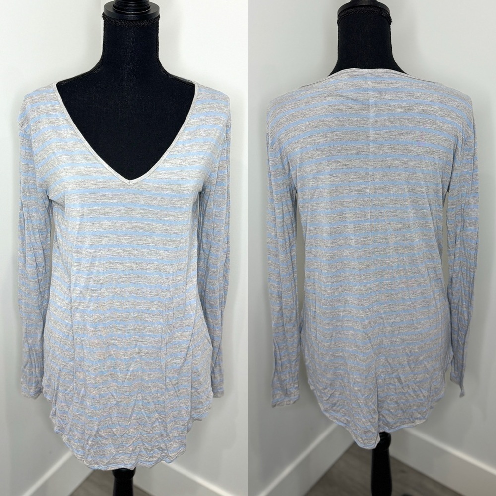 Gap Blue and Gray Stripe Long Sleeve V-Neck Top (Medium Tall)
